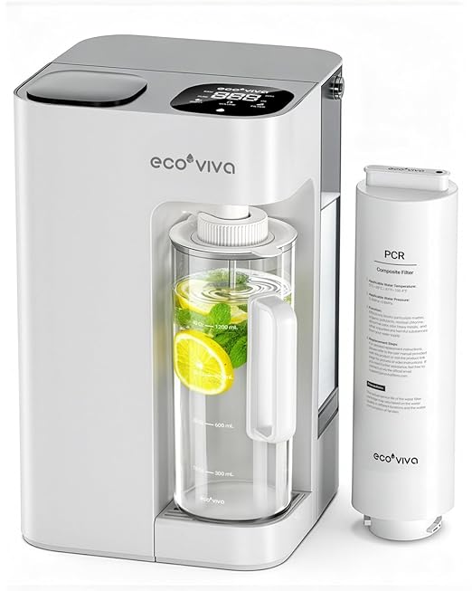 Ecoviva Mate 3 Countertop Reverse Osmosis Water Filter, 8-Stage RO Water Filtration System with 44oz Water Pitcher Smart Auto-Filling, 3:1 Pure to Drain, NSF Certified Tabletop Purifier, White