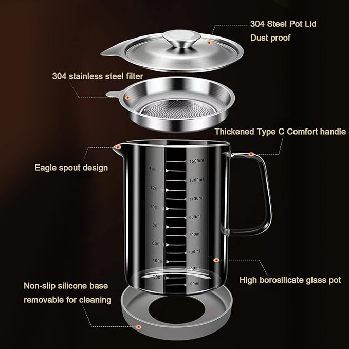 1.5L/50oz Glass Bacon Grease Container with Strainer, Cooking Oil Storage Can with Fine Mesh Filter and Scale, Lid and Easy-Grip Handle,Fat Separator for Storing Fats, Frying Oil and Cooking Grease