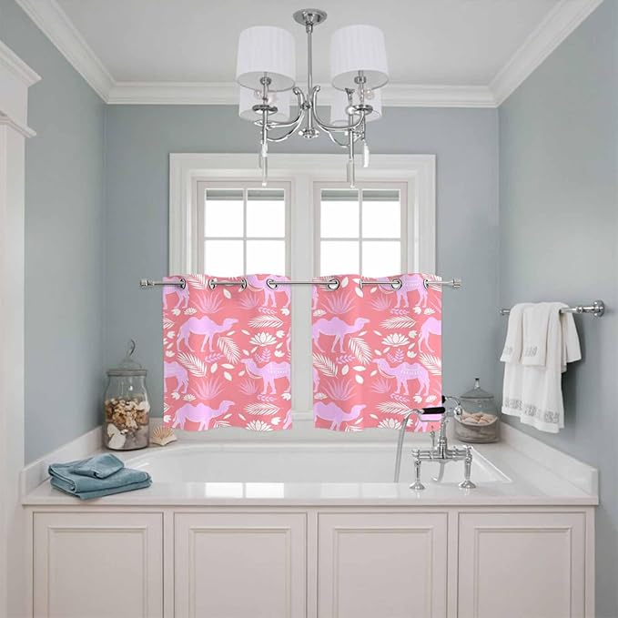 2 Panel Kitchen Cafe Curtains, Desert Camel Sunlight Filtering Nature Air Through, Home Decor Window Covering Tier Curtains for Living Room 55W x 39L inch Vintage Sand Camel Leaves Flower Pattern Pink