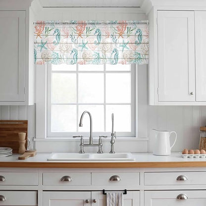 Teal Seahorse Starfish Sheer Valance Curtains, Summer Beach Coral Shell Board Light Filtering Kitchen Valances Rod Pocket Voile Curtain Window Treatment for Bedroom/Living Room/Basement 42Wx12L