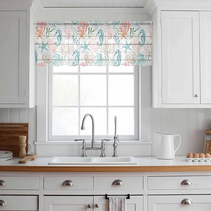 Teal Seahorse Starfish Sheer Valance Curtains, Summer Beach Coral Shell Board Light Filtering Kitchen Valances Rod Pocket Voile Curtain Window Treatment for Bedroom/Living Room/Basement 54Wx18L