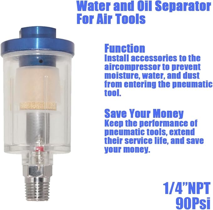 Oil Water Separator for Air Line, 1/4 Inch NPT Inlet and Outlet, Air Compressor Water Separator Filter, Water Separator For Air Compressor Line Dryer 90 PSI (1Pc)
