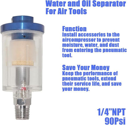 Oil Water Separator for Air Line, 1/4 Inch NPT Inlet and Outlet, Air Compressor Water Separator Filter, Water Separator For Air Compressor Line Dryer 90 PSI (1Pc)