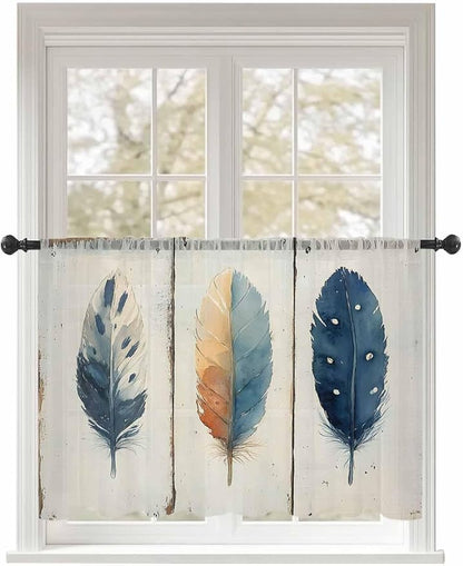 Sheer Curtains 54 Inch Length, Blue Brown Feathers Semi Sheer Curtains Light Filtering Window Treatment, Boho Ombre Vintage Wooden Grain Privacy Voile Drapes for Living Room Bedroom 52x54 Inch