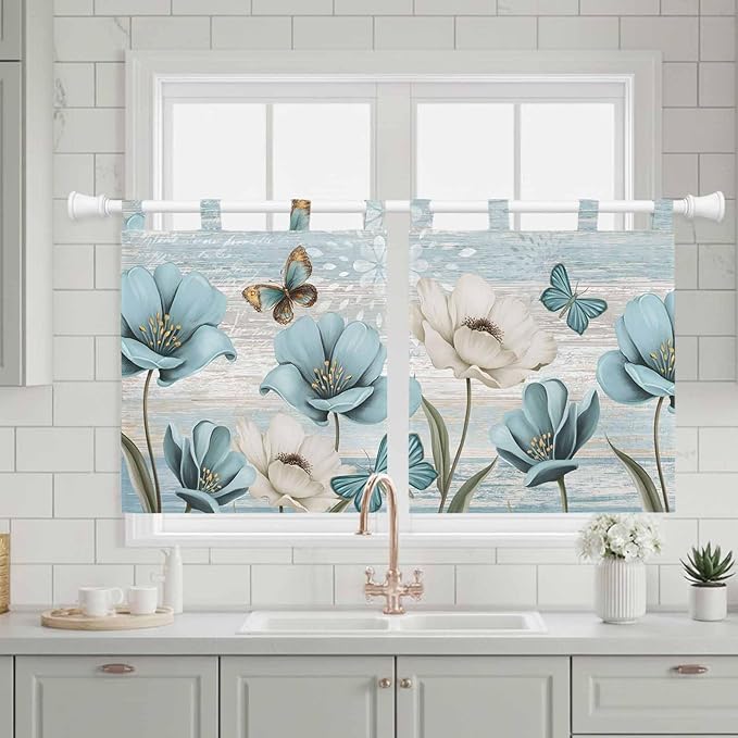 Spring Floral Kitchen Curtains 24 Inch Length, Small Window Curtains Tab Top, Vintage Tulips Flower Butterfly Retro Wood Blue Light Filtering Short Window Treatments Tier Drapes 27.5"x24" 2 Panel