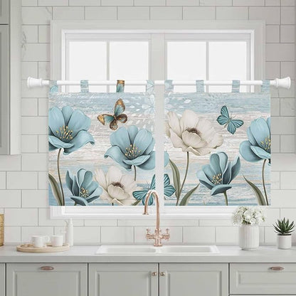 Spring Floral Kitchen Curtains 24 Inch Length, Small Window Curtains Tab Top, Vintage Tulips Flower Butterfly Retro Wood Blue Light Filtering Short Window Treatments Tier Drapes 27.5"x24" 2 Panel