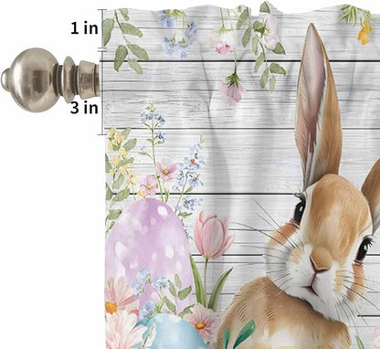 Kitchen Curtains Tiers and Valance Set of 3, Easter Light Filtering Window Curtain Set, Rustic Spring Bunny Eggs Botanical Grey Wooden Rod Pocket Curtain Drapes for Cafe, Living Room, 24 Inches Tiers