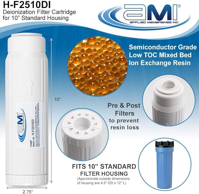 APPLIED MEMBRANES INC Deionization Water Filter Cartridge for Ultra Pure Water | 10 Inch Standard DI Filter | High Purity Semiconductor Grade Mixed Bed DI Resin | Great for Aquarium and Reef H-F2510DI