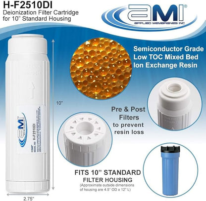 APPLIED MEMBRANES INC Deionization Water Filter Cartridge for Ultra Pure Water | 10 Inch Standard DI Filter | High Purity Semiconductor Grade Mixed Bed DI Resin | Great for Aquarium and Reef H-F2510DI