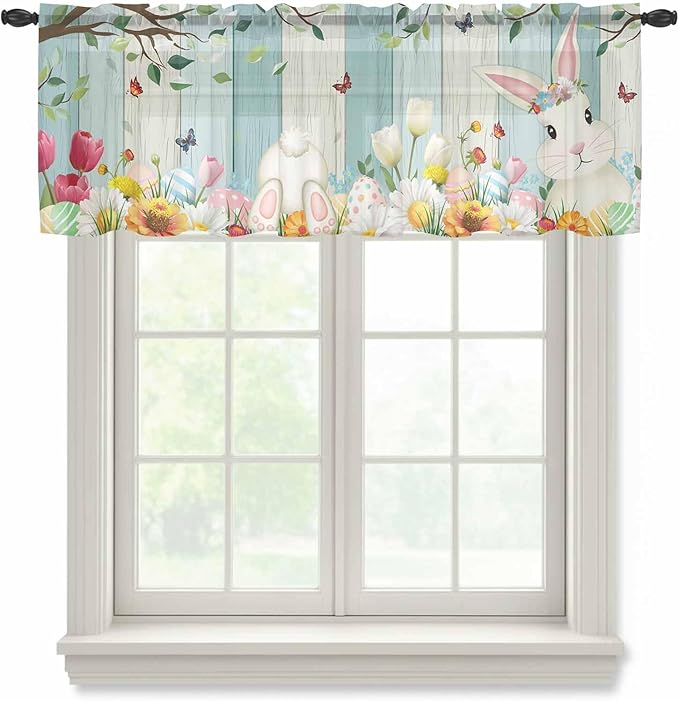 Easter Sheer Valances for Windows 42"x12", Light Filtering Kitchen Curtains Valance, Spring Watercolor Bunny Eggs Tulip Wooden Grain Rod Pocket Chiffon Curtains for Living Room Bedroom Cafe