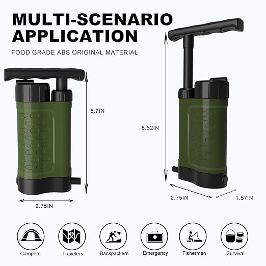 Portable Water Filter Pump, 0.01 Micron Manual Survival Water Purifier for Camping Hiking Backpacking Emergency, Fast Flow Removes Harmful Substances & Sediment (k8188 Green)