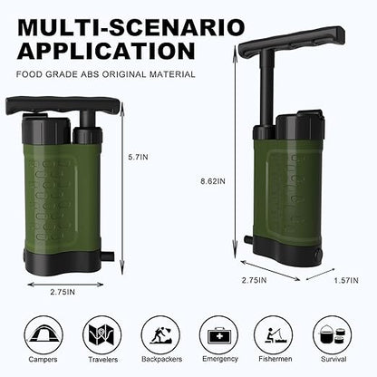Portable Water Filter Pump, 0.01 Micron Manual Survival Water Purifier for Camping Hiking Backpacking Emergency, Fast Flow Removes Harmful Substances & Sediment (k8188 Green)