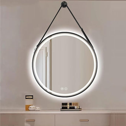 JSLJDM 500X500 mm Illuminated Backlit LED Bathroom Mirror, Wall Mounted Multifunction Bathroom Vanity Mirror with Lights and Demister Pad, Energy-Saving Illuminated Smart Mirror 50cm/19.8in Black