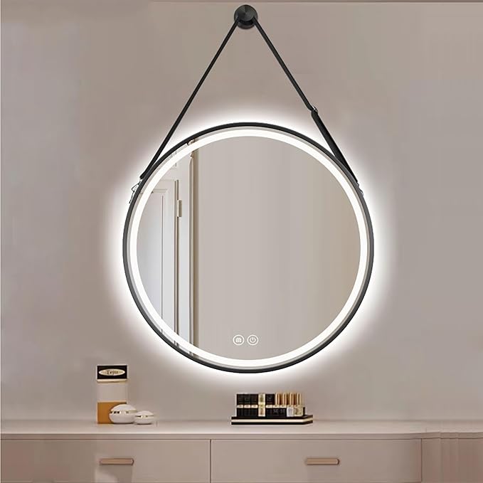 JSLJDM 500X500 mm Illuminated Backlit LED Bathroom Mirror, Wall Mounted Multifunction Bathroom Vanity Mirror with Lights and Demister Pad, Energy-Saving Illuminated Smart Mirror 60cm/23.5in Black