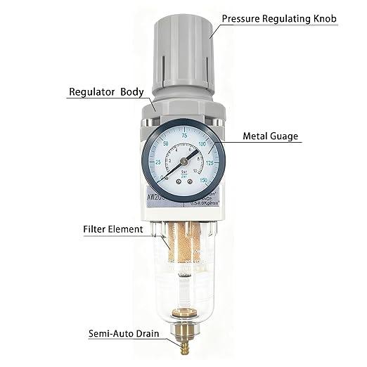 XingNEeng 1/4" NPT Compressed Air Filter Regulator Combo Piggyback, Water/Oil Trap Separator with Pressure Gauge(0-150 psi), Semi-Auto Drain, Poly Bowl, 5 Micron Brass Element, Metal Bracket