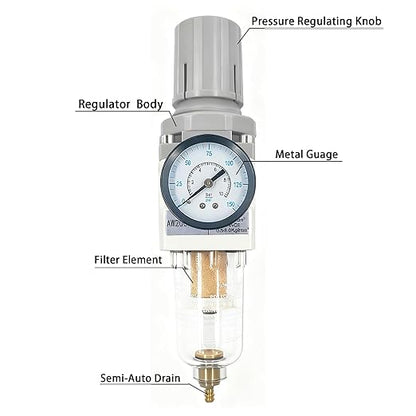 XingNEeng 1/4" NPT Compressed Air Filter Regulator Combo Piggyback, Water/Oil Trap Separator with Pressure Gauge(0-150 psi), Semi-Auto Drain, Poly Bowl, 5 Micron Brass Element, Metal Bracket
