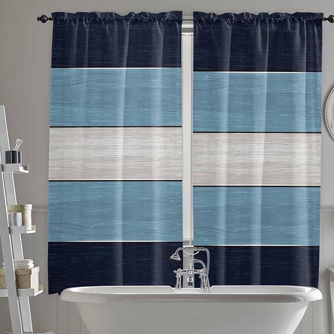 Vintage Country Woodcuts Window Valance Curtains, Blue Gradient Striped Light Filtering Kitchen Valance with 3-inch Rod Pocket for Living Room Bathroom Bedroom,2 Panel,52x72In