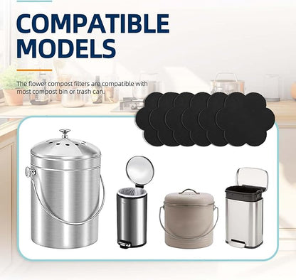 Stick-on Compost Bin Odor Filter: Activated Charcoal Deodorizer Sheets for Kitchen Trash Can, Compost Bucket, Diaper Pail, Garbage Can, Countertop and Recycle Bin - 6 Replacements 6.7" Flower Shape