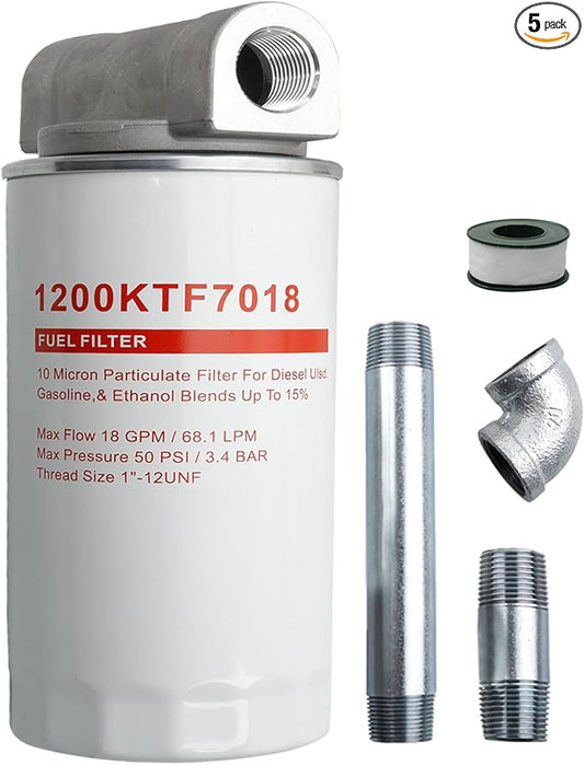 1200KTF7018 Fuel Filter Spin-On Particulate Replacement for Transfer Pumps FR112 FR1210G FR610G,18 GPM Flow Rate,50 PSI- Includes 1200KTG9075 Filter Head, 3/4" ST Elbow, and 3/4" x 7" Nipple