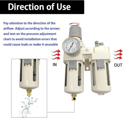 YSIL 1/2" NPT Compressed Air Filter Regulator Lubricator Two Units Combo Air Pressure Regulator with Gauge(0-150PSI) Water/Oil Trap Separator,Semi-Auto Drain,Poly Bowl with Metal Guard,Bracket