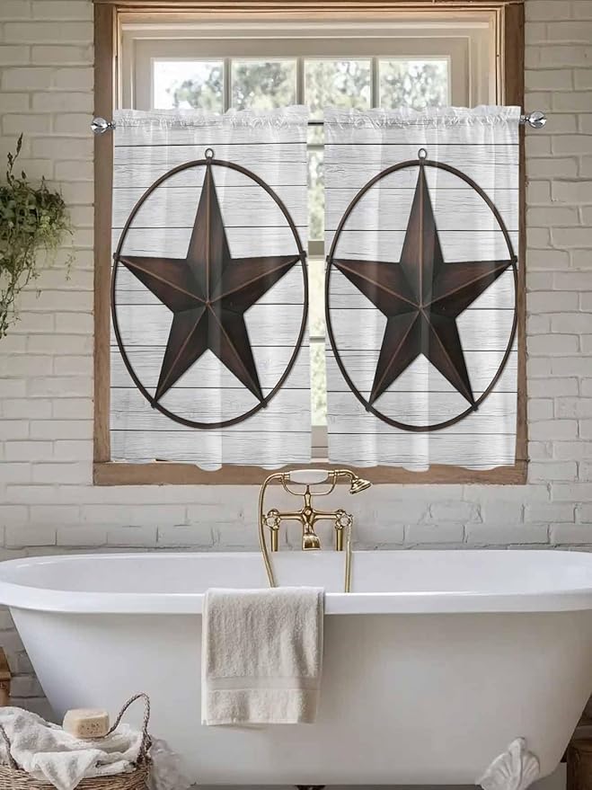 Vintage Farm Western Star Window Valance Curtains, White Wood Grain Light Filtering Kitchen Valance with 3-inch Rod Pocket for Living Room Bathroom Bedroom,2 Panel,52x45In