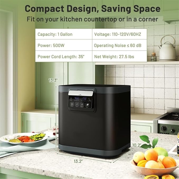 Electric Kitchen Composter with Activated Carbon Filters, LED Display & Auto Cycle for Food Waste Reduction and Odor Control
