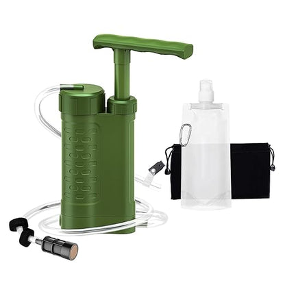 Portable Water Filter Pump, 0.01 Micron Manual Survival Water Purifier for Camping Hiking Backpacking Emergency, Fast Flow Removes Harmful Substances & Sediment (k8188 Green)