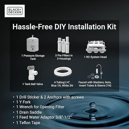 BLACK+DECKER RO 75 Under Sink Water Filter, Alkaline 6-Stage Filtration System, pH+ Remineralization RO Water Filter System,Reduces PFAS, PFOS, Microplastics, NSF/ANSI 58 Certified