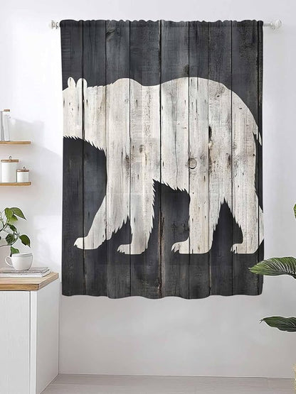 Sheer Curtains 63 Inch Length, White Brown Bear Semi Sheer Curtains Light Filtering Window Treatment, Rustic Counrty Vintage Wood Grain Privacy Voile Drapes for Living Room Bedroom 52x63 Inch
