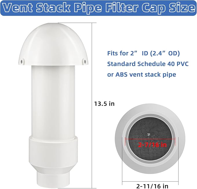 2 Inch Vent Stack Pipe Filter,Sewer Vent Septic Filter Vents Pipe Cap for Roof PVC ABS Pipes Plumbing,Outdoor Vents Filters Remove Septic and Sewer Odors&Improve Yard Patio Air,with Mushroom Cap Cover