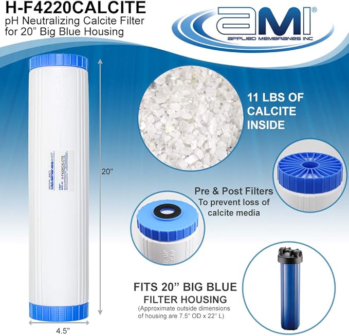 APPLIED MEMBRANES INC pH Neutralization Water Cartridge | Calcite Filter to Raise Alkalinity of Low pH Water | 4.5"x20" Filter Fits 20” Housing | H-F4220CALCITE
