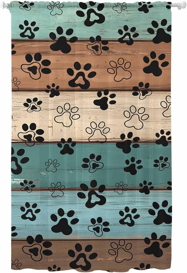 Sheer Curtains 96 Inches Long, Green Brown Paw Print Semi Sheer Curtains Light Filtering Window Treatment, Vintage Farmhouse Country Wooden Grain Privacy Voile Drapes for Living Room 52x96 Inch