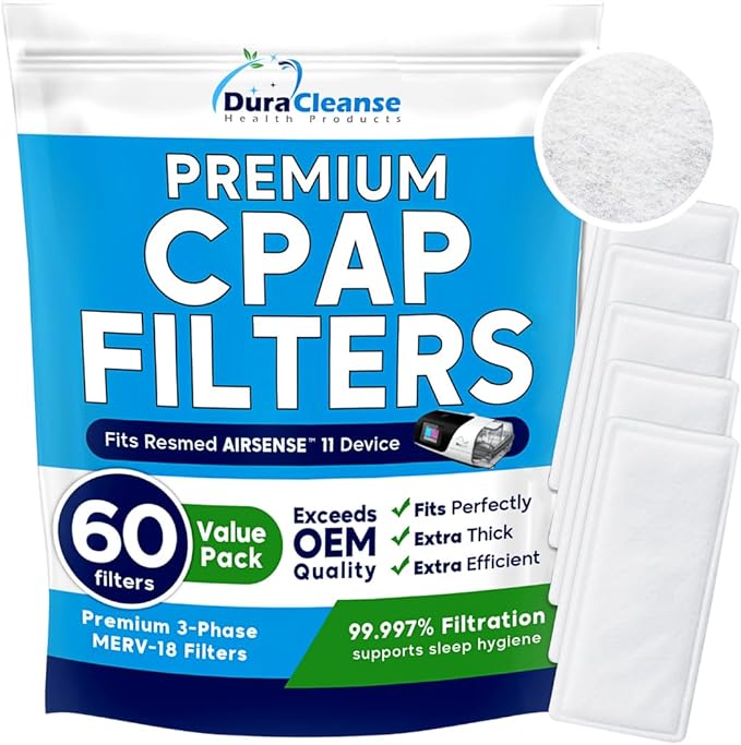 Dura Cleanse CPAP Filters - 60-Pack Premium Replacement Filters for ResMed AirSense 11 and Aircurve 11 Machines - Meets OEM Filter Requirements for BiPAP and CPAP Machine Supplies and Accessories
