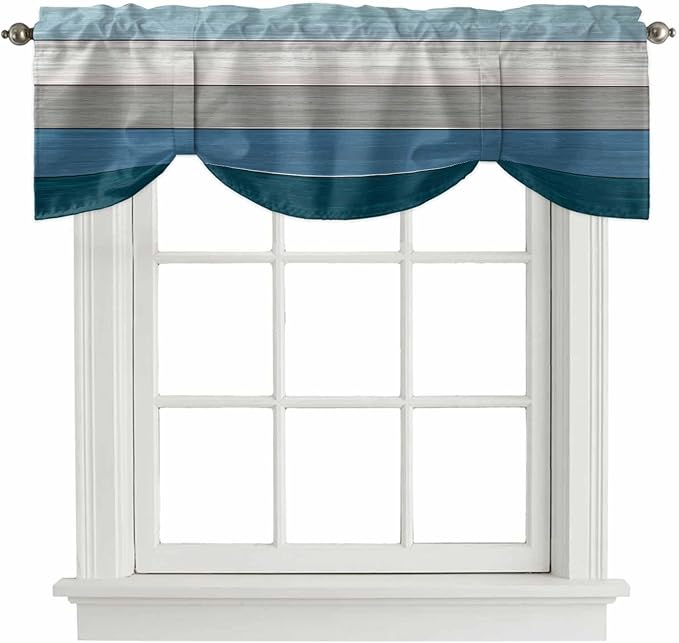 Blue Ombre Wooden Tie Up Valance Curtains for Windows, Kitchen Curtains Window Shades, Farmhouse Retro Wood Gradient Light Filtering Roman Curtain Valances for Bedroom/Bathroom/Cafe 42"x12"