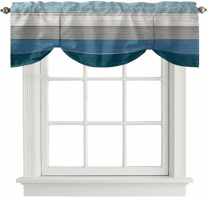 Blue Ombre Wooden Tie Up Valance Curtains for Windows, Kitchen Curtains Window Shades, Farmhouse Retro Wood Gradient Light Filtering Roman Curtain Valances for Bedroom/Bathroom/Cafe 42"x12"