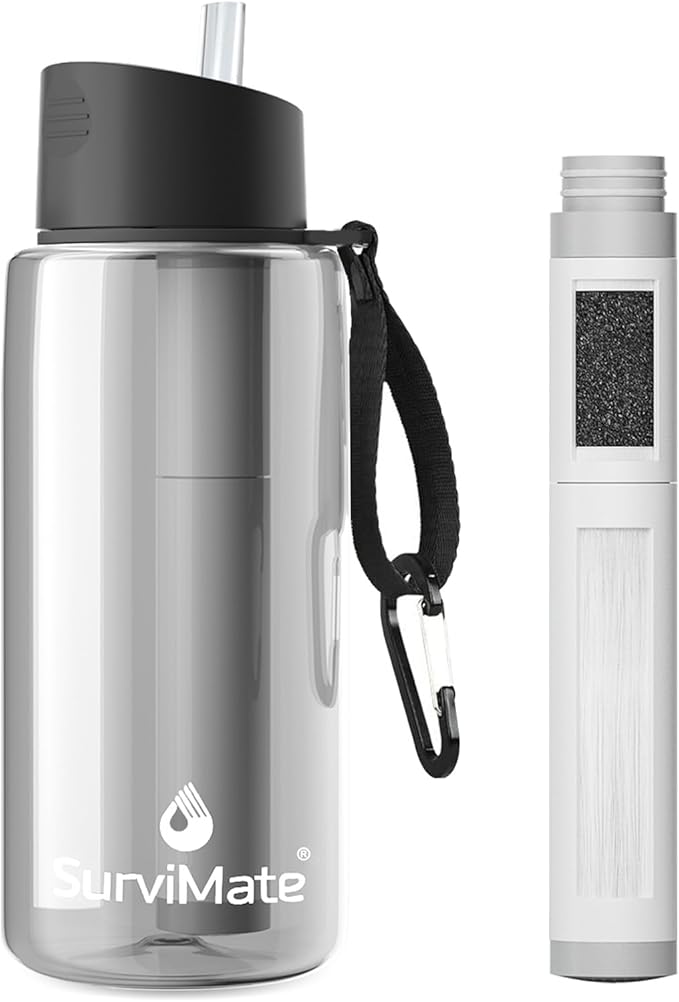 SurviMate 5-Stage 0.01μm Ultra-Filtration Filtered Water Bottle, BPA-Free Material, NSF/ANSI 42&372 Certified, Portable Water Filter Bottle for Survival, Camping, Hiking, and Emergency Use