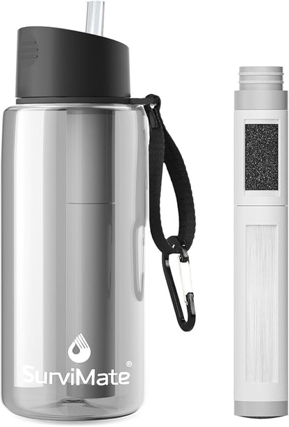 SurviMate 5-Stage 0.01μm Ultra-Filtration Filtered Water Bottle, BPA-Free Material, NSF/ANSI 42&372 Certified, Portable Water Filter Bottle for Survival, Camping, Hiking, and Emergency Use