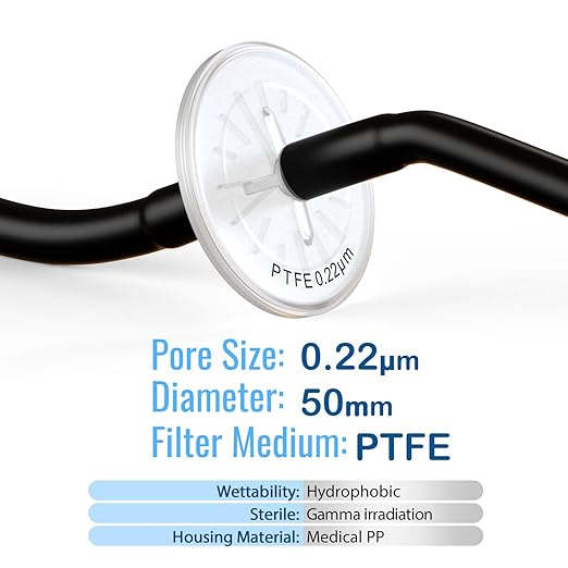 Air Venting Filter Sterile PTFE Hydrophobic Filter Disc 50mm 0.22μm with 7mm-13mm Stepped Hose and Barb Female Luer for Air Filtration, Individually Packed (1)