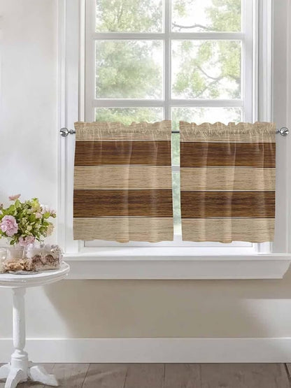 Retro Country Brown Wooden Board Window Valance Curtains, Farmhouse Gradient Plank Light Filtering Kitchen Valance with 3-inch Rod Pocket for Living Room Bathroom Bedroom,2 Panel,27.5x36In