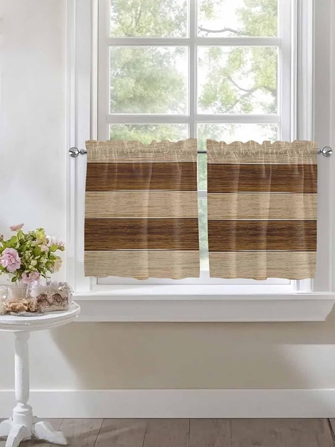 Retro Country Brown Wooden Board Window Valance Curtains, Farmhouse Gradient Plank Light Filtering Kitchen Valance with 3-inch Rod Pocket for Living Room Bathroom Bedroom,2 Panel,27.5x24In