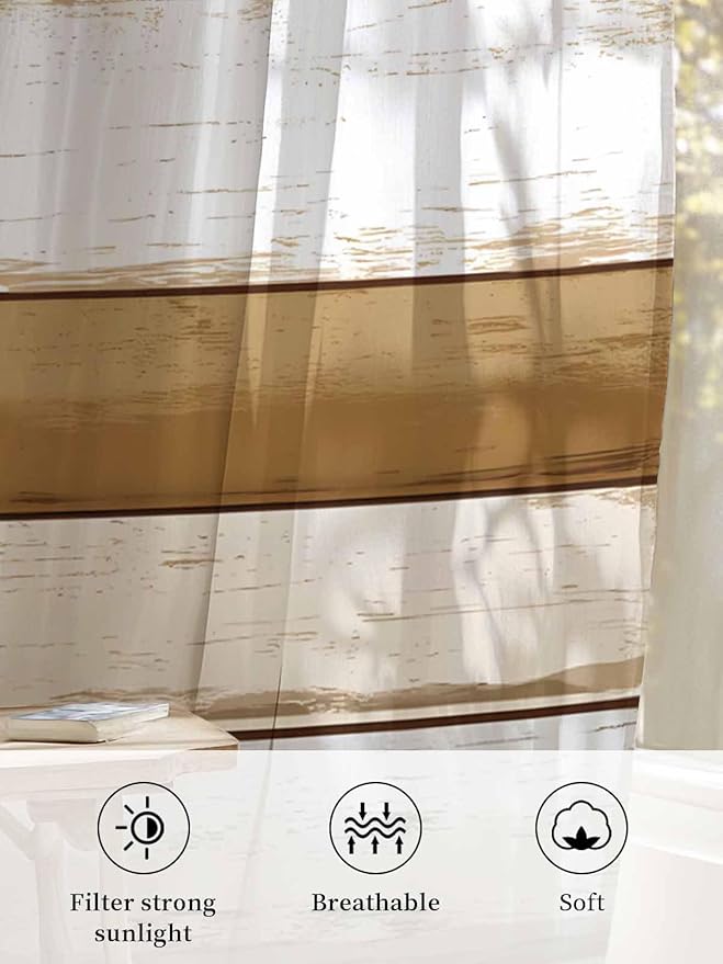 Sheer Curtains 96 Inches Long, Brown Wood Grain Semi Sheer Curtains Light Filtering Window Treatment, Vintage Country Geometric Striped Privacy Voile Drapes for Living Room Bedroom 52x96 Inch