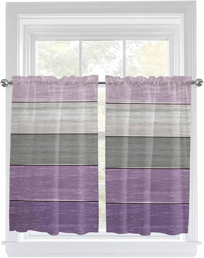 Country Wood Board Gray Purple Window Valance Curtains, Farmhouse Gradient Plank Light Filtering Kitchen Valance with 3-inch Rod Pocket for Living Room Bathroom Bedroom,2 Panel,27.5x45In