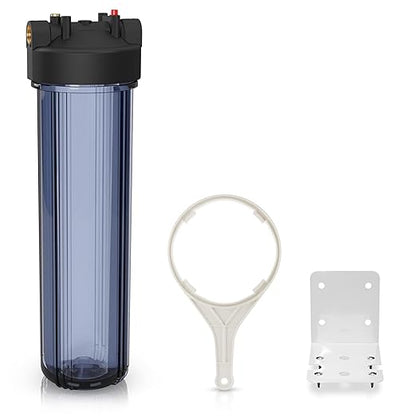 Max Water Whole House Water Filter Housing, Fits 20" x4.5" Big Filter Blue Pre-Filtration System for Well and City Water, 1 inch NPT Ports with Wrench and Bracket (Clear Housing)