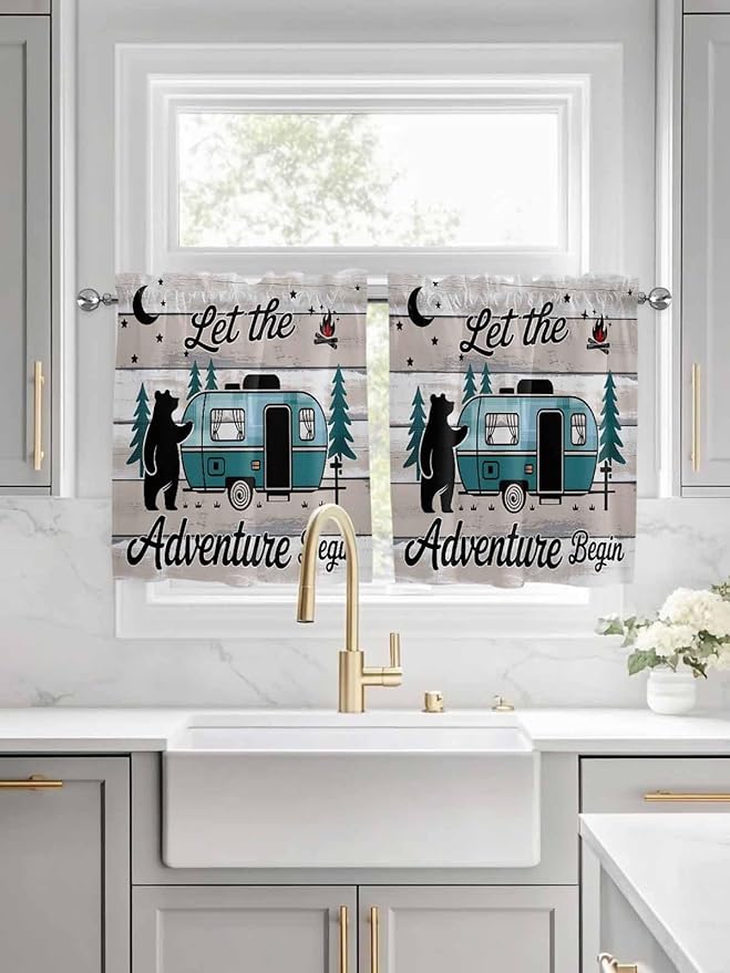 Farmhouse Bear Camper Van Tree Window Valance Curtains, Vintage Wood Grain Light Filtering Kitchen Valance with 3-inch Rod Pocket for Living Room Bathroom Bedroom,2 Panel,27.5x36In