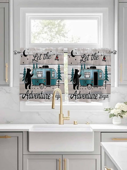 Farmhouse Bear Camper Van Tree Window Valance Curtains, Vintage Wood Grain Light Filtering Kitchen Valance with 3-inch Rod Pocket for Living Room Bathroom Bedroom,2 Panel,27.5x24In
