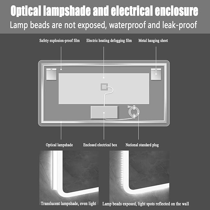 Backlit LED Illuminated Bathroom Mirror with LED Lights, Lighted Bathroom Makeup Wall Mounted Mirror with Demister Pad, Sensor Touch Switch, Horizontal/Vertical(H70*W110CM/H27.5*W43.3IN)