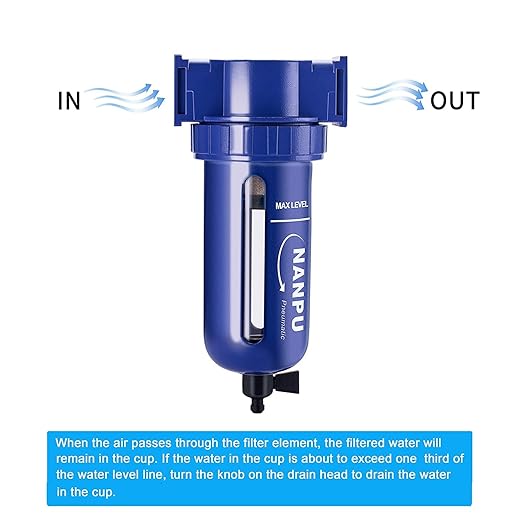 NANPU 1/2" NPT Compressed Air Filter, Zinc Alloy, 5 Micron Brass Element, Quick Release Bowl, Manual Drain, for Air Compressor ＆ Pneumatic Tools