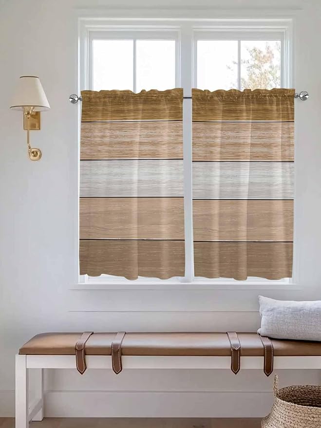 Retro Farm Wood Board Window Valance Curtains, Brown Graduality Striped Light Filtering Kitchen Valance with 3-inch Rod Pocket for Living Room Bathroom Bedroom,2 Panel,42x45In