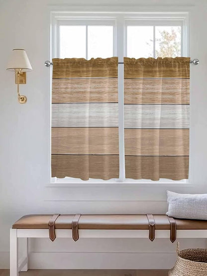 Retro Farm Wood Board Window Valance Curtains, Brown Graduality Striped Light Filtering Kitchen Valance with 3-inch Rod Pocket for Living Room Bathroom Bedroom,2 Panel,42x54In