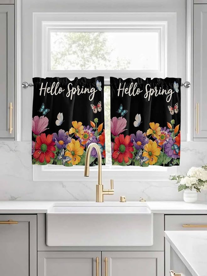 Spring Flowers Half Window Curtain 36 Inches Long, Watercolor Country Colorful Floral Black Window Treatment Curtain Drapes, Small Tier Curtains for Bathroom Over Sink, 27.5"x36", 2 Panels